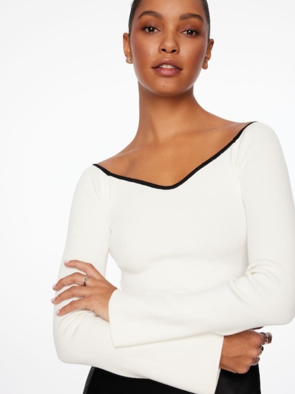 Dynamite Off-the-Shoulder Ribbed Sweater with Black Trim - White